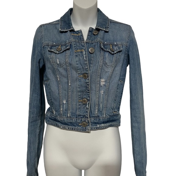 American Eagle Denim Jeans Jacket Blue Cropped Distressed XS - Picture 4 of 10